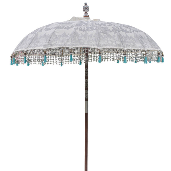 Cher Round Bamboo Parasol beautiful cream, silver and blue garden parasol. Hand-painted with silver ink by artisans in Bali. The pole is made from hand-carved durian wood pole with silver paint and finial, the pole join and pegs are made from solid brass.