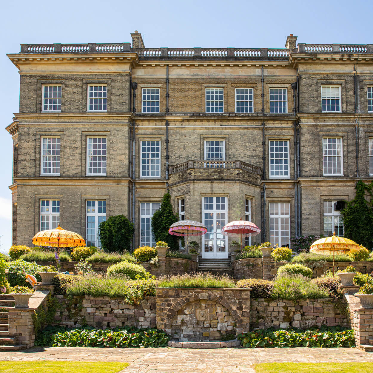 Group shot at Hedsor House of our 2021 collection of Round Bamboo Parasols