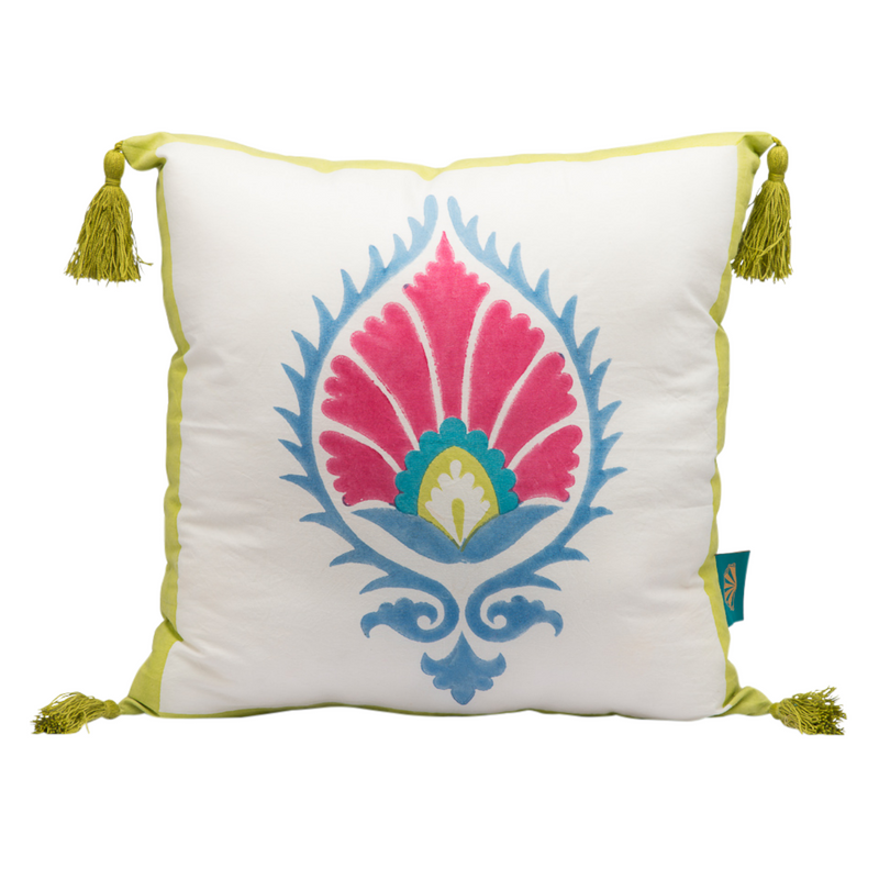 Lime green suzani East London Parasol cushion, with blue and pink peacock detailing. Perfect for gardens, homes and parties