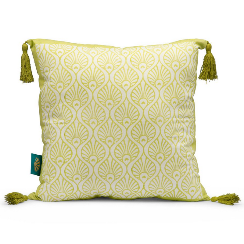 Lime Suzani Cushion made by East London Parasol Company. Using green, pink and blue block print technique handmade in India, these cushions are perfect for gardens, homes and parties.