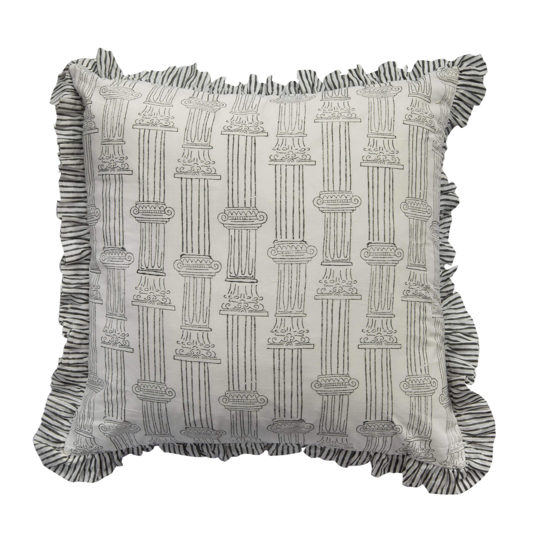 Pillar Grey Frill Hand Block Printed Cushion