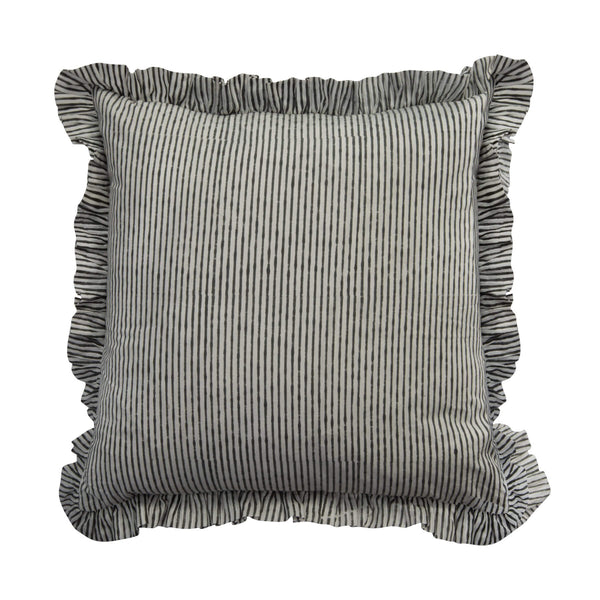 Pillar Grey Frill Hand Block Printed Cushion  - In stock