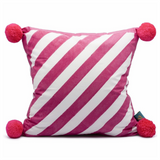 Pink striped garden cushion, vibrant and rainbow colourful cushions. Handmade and hand printed with pom poms to perfectly match our parasols and beautiful garden decorations.