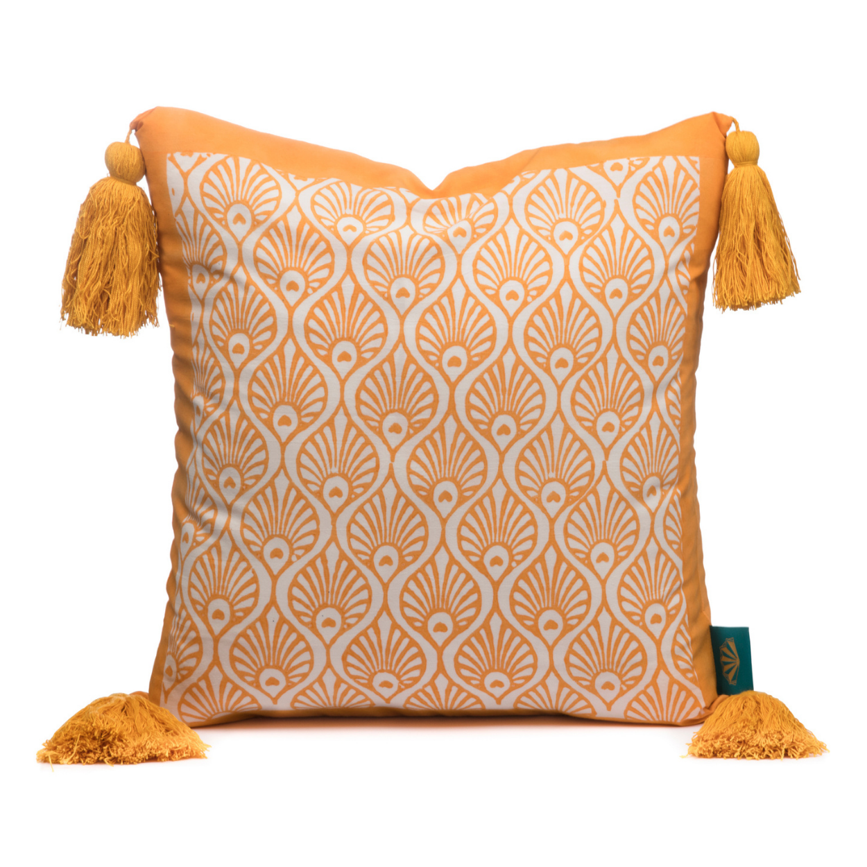  Tangerine Suzani cushion made by East London Parasol Company. Using orange, blue, pink and yellow block print technique handmade in India, these cushions are perfect for gardens, homes and parties.