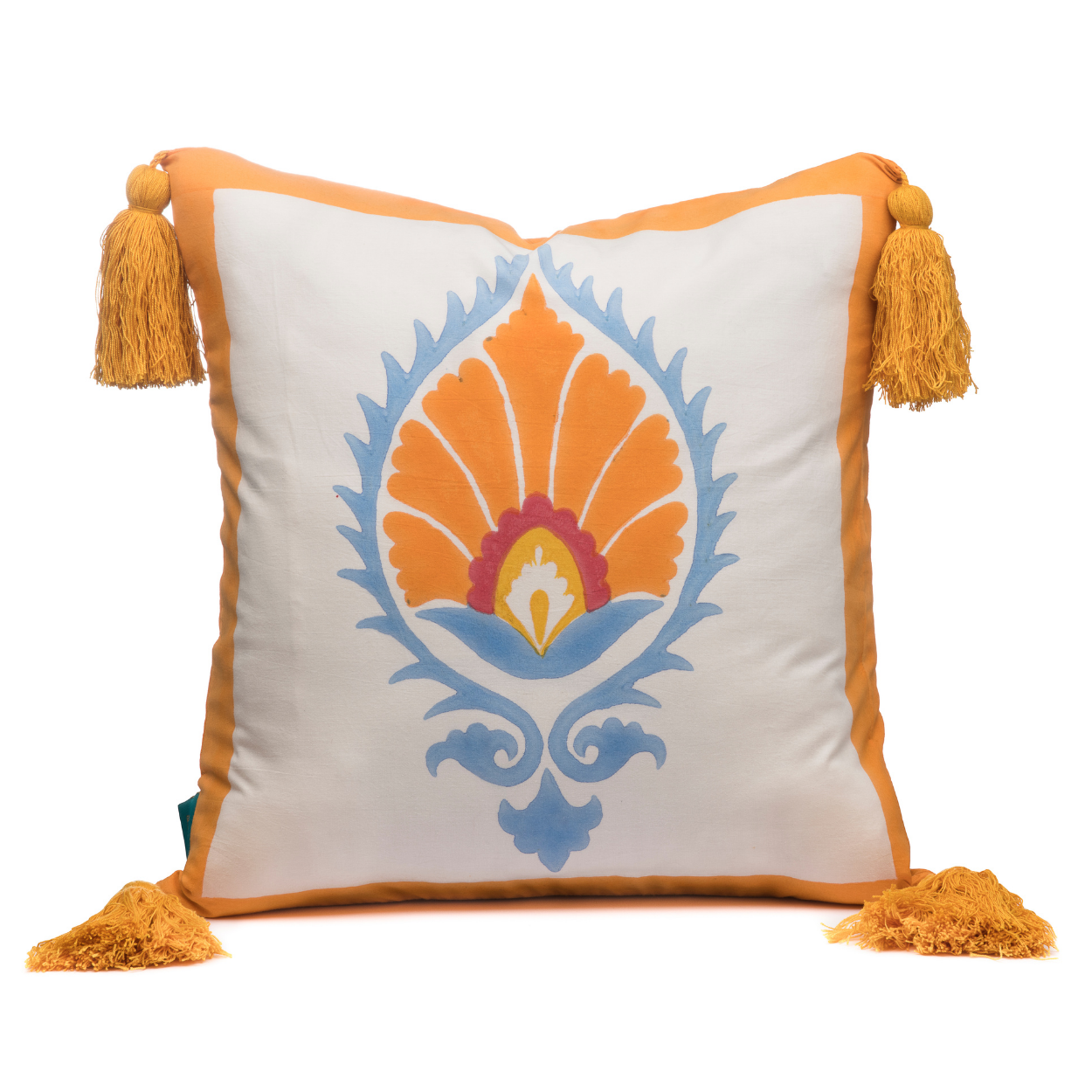  Tangerine Suzani cushion made by East London Parasol Company. Using orange, blue, pink and yellow block print technique handmade in India, these cushions are perfect for gardens, homes and parties.