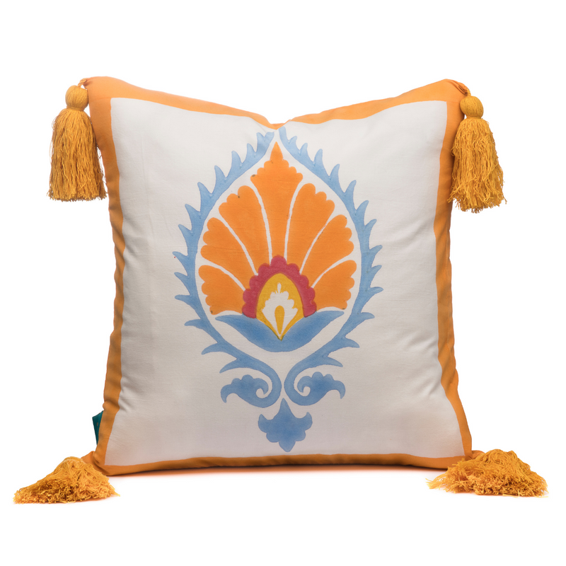 Tangerine orange and blue East London Parasol Company Block print suzani cushion, front
