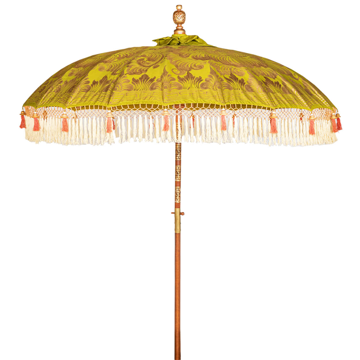 Wolfie Round Bamboo Parasol - Coral threading inside and bamboo spokes. The pole is made from hand-carved durian wood pole with gold paint and finial, the pole join is made from solid brass. The fringing is in cream with elegant coral tassels and gold beading.