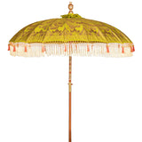 Wolfie Round Bamboo Parasol - Coral threading inside and bamboo spokes. The pole is made from hand-carved durian wood pole with gold paint and finial, the pole join is made from solid brass. The fringing is in cream with elegant coral tassels and gold beading.
