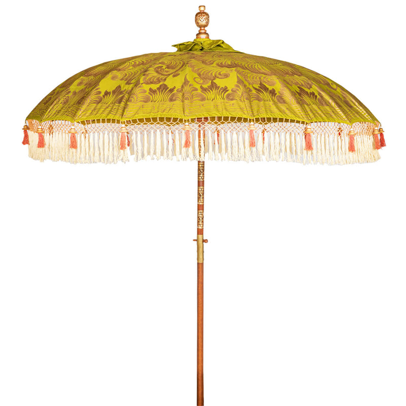 Wolfie Round Bamboo Parasol - Coral threading inside and bamboo spokes. The pole is made from hand-carved durian wood pole with gold paint and finial, the pole join is made from solid brass. The fringing is in cream with elegant coral tassels and gold beading.