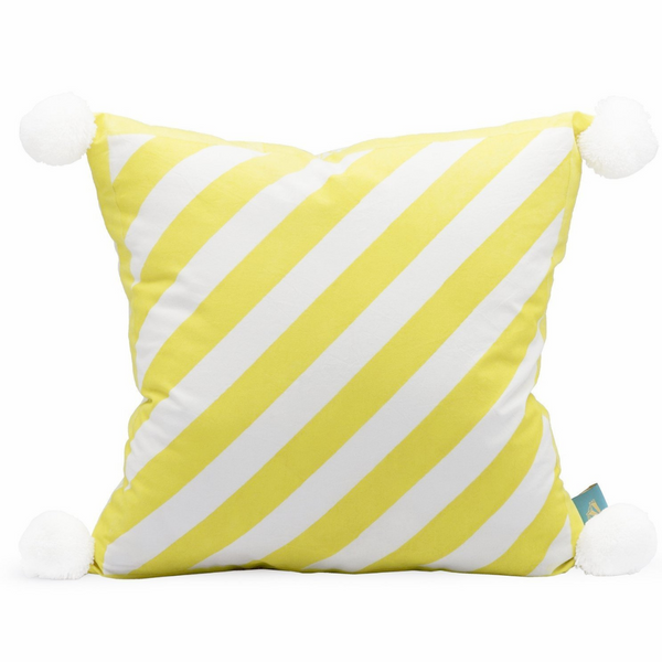 Yellow striped garden cushion, vibrant and rainbow colourful cushions. Handmade and hand printed with pom poms to perfectly match our parasols and beautiful garden decorations.